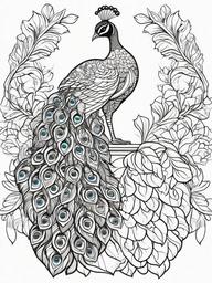 Peacock Coloring Page - Beautiful Feather Display  black outline printable coloring page