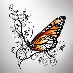 butterfly and vine tattoo designs  simple color tattoo, minimal, white background