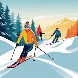 Snow Skiing on a Bright Sunny Day Clipart - Skiers enjoying the slopes on a bright sunny day.  color vector clipart, minimal style