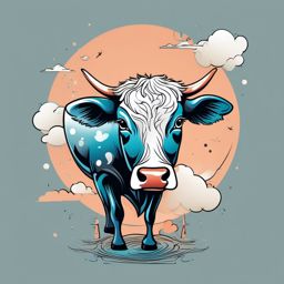 Surrealistic floating cow design: Dreamlike whimsy, imaginative and unique.  simple color tattoo style