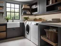 In the laundry room, urban modern interior design includes efficient cabinetry, contemporary appliances, and a clean layout that makes chores feel organized and appealing.  