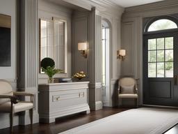 Neoclassical entryway features simple furniture, decorative moldings, and classic finishes that create an elegant and timeless first impression.  