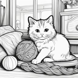 cat coloring pages - a mischievous cat plays with a ball of yarn in a cozy living room. 