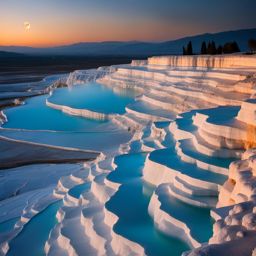 pamukkale, turkey - illustrate the surreal white terraces of pamukkale, illuminated by the soft glow of the moon. 