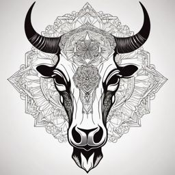 Cow skull with geometric mandala ink: Harmonious blend of shapes and symbols.  simple color tattoo style