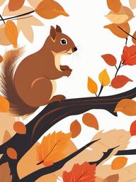 Squirrel clipart - squirrel sitting on a branch with autumn leaves  color,minimalist,vector clipart