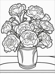 Carnation coloring page sheet - A bouquet of carnations arranged in a vase on a table.  black outline printable coloring page