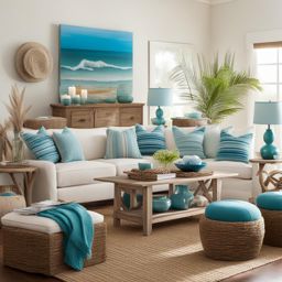 coastal-themed living room with driftwood decor and ocean-inspired colors. 