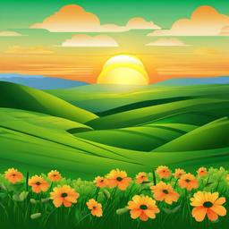 March clipart - March sunrise over a green landscape  