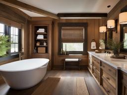 A master bathroom with rustic interior design incorporates wooden cabinetry, vintage fixtures, and natural textures that transform the space into a chic and relaxing retreat.  