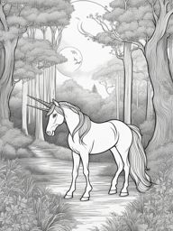 unicorn coloring pages - regal unicorn leading a mystical procession of creatures through a moonlit grove in a magical ceremony. 