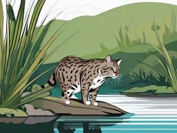 Fishing Cat Clip Art - Fishing cat hunting by the water,  color vector clipart, minimal style