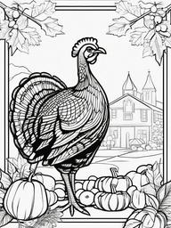 Turkey and Farmer’s Market Coloring Pages - Festive Fall Scene with Turkey at Market  minimal black outline printable sheet, coloring page