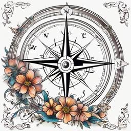 Compass, flowers  ,tattoo design, white background