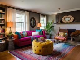 Eclectic living room combines vintage finds, colorful throw pillows, and various textures, resulting in a vibrant and inviting gathering place.  