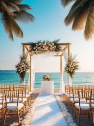 Beach wedding with a scenic backdrop close shot perspective view, photo realistic background, hyper detail, high resolution