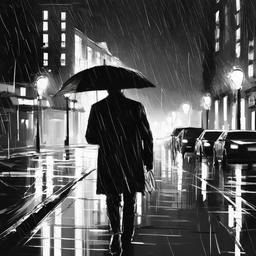 drawing of a man walking in the rain  minimal rough sketch scribbles,doodles,black and white