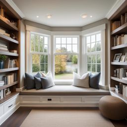 cozy reading nook with built-in bookshelves and a window seat. 