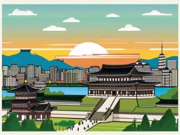 Seoul clipart - Gyeongbokgung Palace and Seoul skyline,  color clipart, vector art