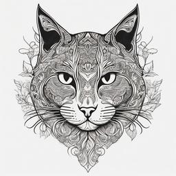 Cat Head Tattoo - Tattoo featuring the detailed depiction of a cat's head.  minimal color tattoo, white background