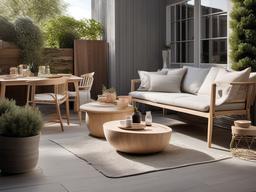 Scandinavian patio blends light wood furniture, cozy textiles, and functional design, offering a bright and welcoming atmosphere for outdoor enjoyment.  