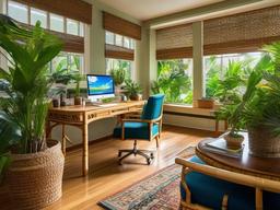 Tropical home office includes bamboo furniture, bright colors, and potted plants that bring a refreshing feel to your work environment.  