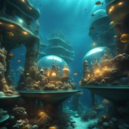 Surreal underwater city with photorealistic 3D rendering and HDR illumination