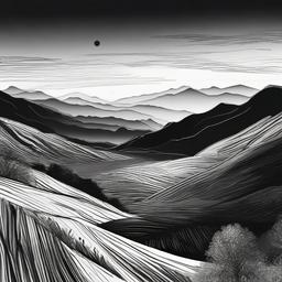 drawing of a sunset in the mountains  minimal rough sketch scribbles,doodles,black and white