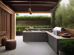 Zen outdoor kitchen promotes tranquility with natural materials, minimalist design, and soothing colors, providing a peaceful environment for outdoor cooking.  