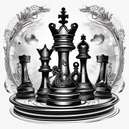 Chess pieces in celestial alignment design: Cosmic connection to the game of kings.  black white tattoo, white background