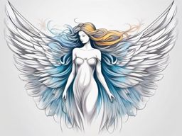 Angel Tattoo-ethereal angelic figure with flowing wings and serene expression. Colored tattoo designs, minimalist, white background.  