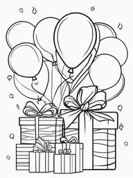 Birthday Gifts and Balloons Coloring Pages - Gifts Piled High with Balloons  minimal black outline printable sheet, coloring page