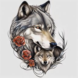 Wolf and Cub Tattoo,tattoo depicting a wolf with its cub, testament to maternal love and family bonds. , color tattoo design, white clean background