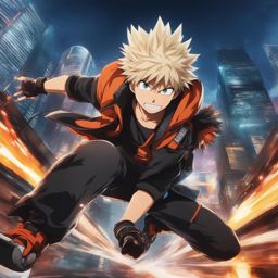 bakugou katsuki - soars through a futuristic cityscape, unleashing explosive quirk attacks. 