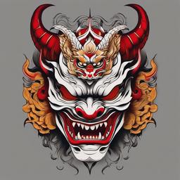 hannya mask with dragon  simple color tattoo,white background,minimal