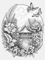 botanical garden - design a tattoo showcasing a lush botanical garden with a variety of plants and flowers. 