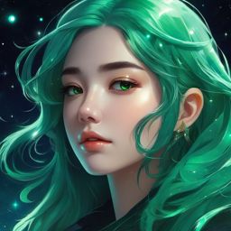Girl with emerald green hair in a cosmic journey guided by constellations.  close shot of face, face front facing, profile picture, anime style