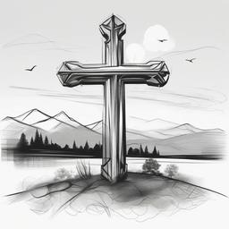 drawing of a cross with a peaceful background  minimal rough sketch scribbles,doodles,black and white