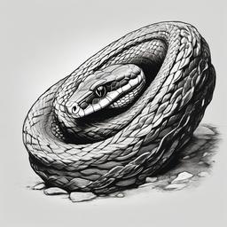 drawing of a snake coiling around a rock  minimal rough sketch scribbles,doodles,black and white