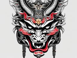 samurai mask dragon tattoo  simple color tattoo,white background,minimal