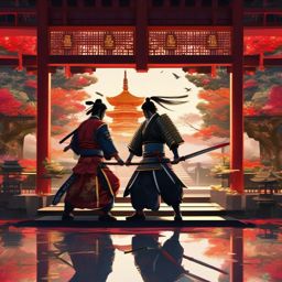 Anime Wallpaper - Samurai Duel in a Japanese Temple wallpaper splash art, vibrant colors, intricate patterns