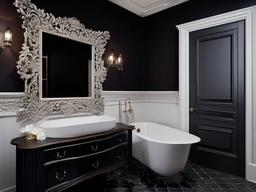 Gothic small bathroom incorporates dark tiles, rich colors, and ornate details, creating a dramatic and moody space for relaxation.  