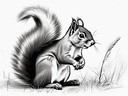 drawing of a squirrel looking for food  minimal rough sketch scribbles,doodles,black and white