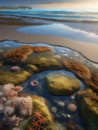 Beachside tide pools and creatures close shot perspective view, photo realistic background, hyper detail, high resolution