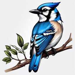 Blue Jay Tattoo - Blue Jay perched on a tree branch  color tattoo design, clean white background