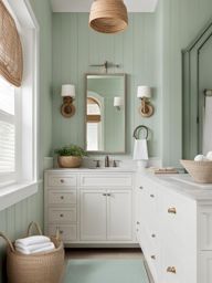 coastal bathroom with beachy decor and a soothing color palette. 