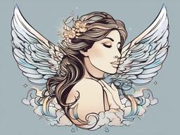 Angel and Clouds Tattoo-Celebrating ethereal beauty with an angel and clouds tattoo, symbolizing heavenly grace, protection, and a connection to celestial realms.  simple vector color tattoo