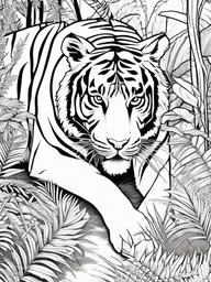 Tiger Coloring Pages - Tiger stalking its prey in the jungle  simple coloring pages