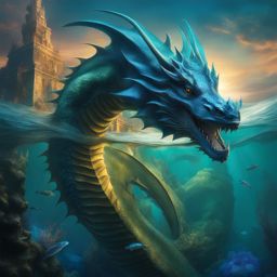 ocean dragon ruling the depths of a hidden underwater city, its scales resembling the colors of the deep sea. 