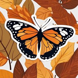 Butterfly and Leaves Sticker - Butterfly resting on autumn leaves, ,vector color sticker art,minimal